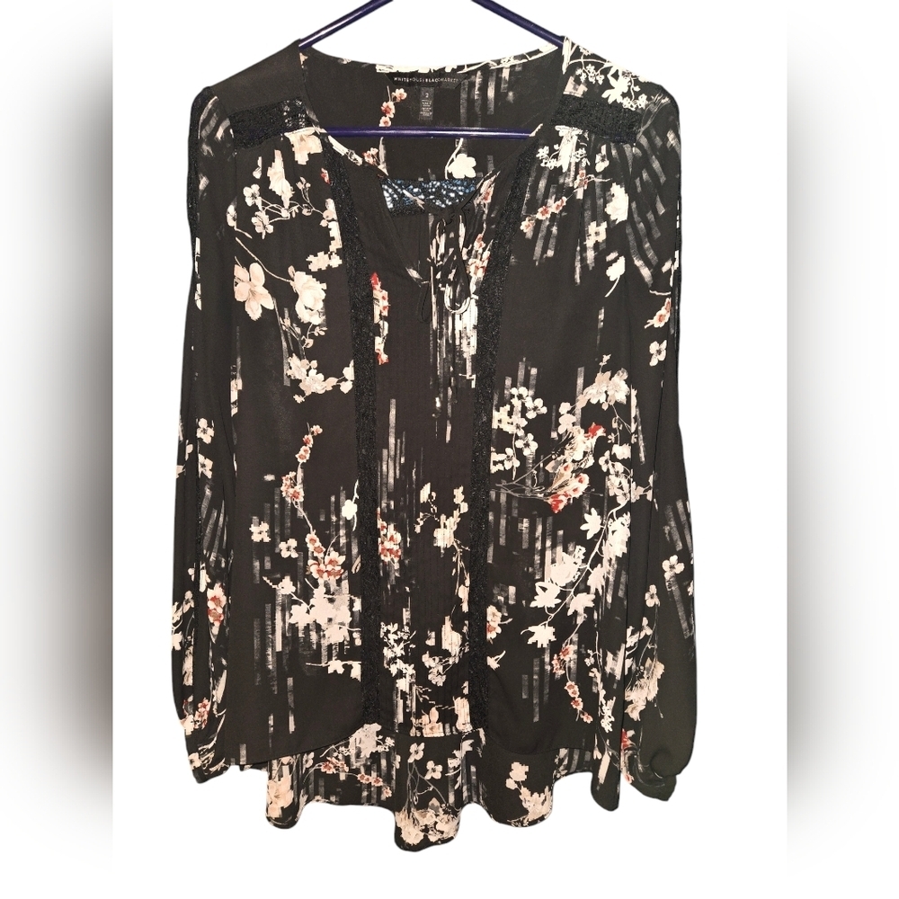 White House Black Market Sheer & Lace Floral Blouse